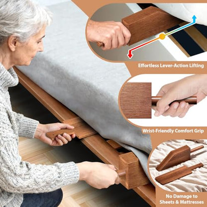 Mattress Lifter & Bed Maker Tool Set for Changing Sheets, Acacia Wood | Mattress Lifter Tool, Comfort Grip, Sturdy & Durable for Seniors & Housekeepers, Tucks Sheets, Removes Sheets, Bed Skirts