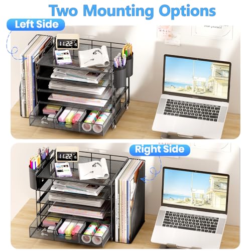 Desk Organizer, 5-Tier Desktop File Organizer with Drawer and Pen Holders, Office Desk Accessories, File Sorters, Workspace Organizers for Office Supplies(Black)