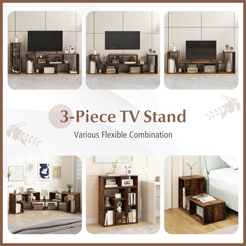 Giantex Free-Combination TV Stand for Bedroom - Entertainment Center for 50 55 60 65 Inch TV, 3-Piece Media Console Table with Storage Cubes, Deformable Open Storage Bookcase Shelf (Brown)