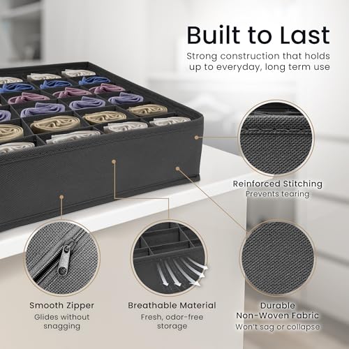Reli. Sock Organizer (4 Pack) | 16+24 Cell Underwear Organizer | Gray | Drawer Dividers for Underwear, Socks, Ties, Belt | Foldable Fabric Storage Bins for Drawer, Closet, Dresser | 11.8x11.8x3.5"