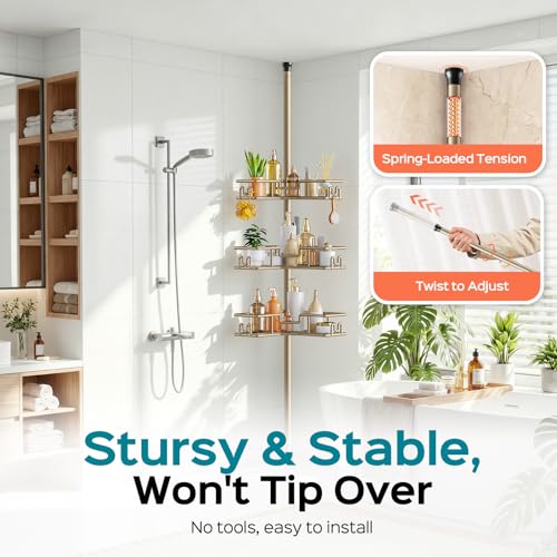HAMITOR No-Drill Shower Rack, 4-Tier Corner Rustproof Tension Pole, Khaki | Bathroom Accessories With Hooks Renter-Friendly, 47.7-123.6in Adjustable, Space-Saving Bathtub Caddy For Family, Apartment RV