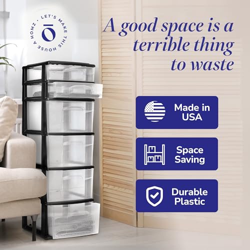 HOMZ Drawer Tower, 6-Tier Storage Cart with Removable Wheels, Black Frame | Plastic Organizer with Clear Bin Drawers for Bedroom, Bathroom, Home Office, and Dorm Rooms