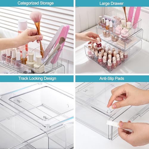 Vtopmart 3 Tier Clear Makeup Organizer with 2 Drawers | Smart Storage Layout, Clear for Better Visibility, Stackable, Large Capacity, for Makeup Lipstick Brush Skincare