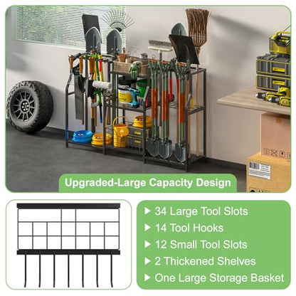 keomaisyto Garden Tool Organizer, Heavy Duty Yard Tool Tower Rack for Garage Organization and Storage, 3 Tier Utility Garden Tool Rack with hooks for Garden/Shed/Garage/Yard/Basement/Lawn