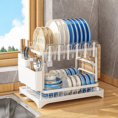 AIDERLY 2 Tier Dish Drying Rack, White | Iron, Removable Cutlery Basket, For Kitchen Counter