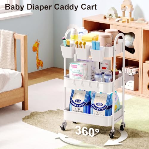3 Tier Heavy Duty White Metal Rolling Cart with Lockable Wheels, Three Tiered Roller Book Snack Cart, Utility Storage Organizer Shelf Carts for Bathroom, Baby Diaper Caddy, Craft, Art,Cleaning,Teacher