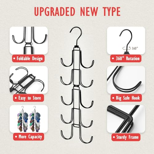 Hat Organizer for Closet: Collapsible Caps Rack with 10 Large Hooks | Hold Up to 40 Baseball Caps - Rotatable Metal Space Saving Hat Hanger for Display - Storage and Closet Organizers, Black