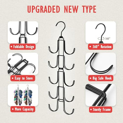 Hat Organizer for Closet: Collapsible Caps Rack with 10 Large Hooks | Hold Up to 40 Baseball Caps - Rotatable Metal Space Saving Hat Hanger for Display - Storage and Closet Organizers, Black