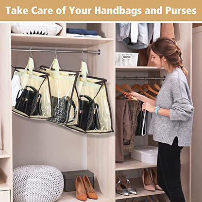 16 Pack Clear Handbag Storage Organizer with 16 Stainless Steel S-Hooks, 4 Assorted Sizes, Anti-Dust Moisture-Proof Purse Storage Bags with Zipper and Handle for Closet Hanging, Wallet Dust Cover Set