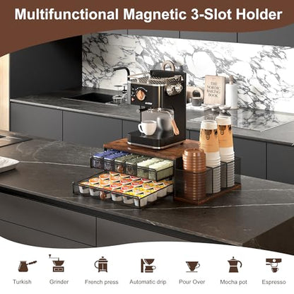 Coffee Bar Organizer, 60 Capacity K Cup Organizer for Countertop, 2 Tier Sliding Coffee Pod Storage Drawer with Disposable Cup & Lid Holder, Black