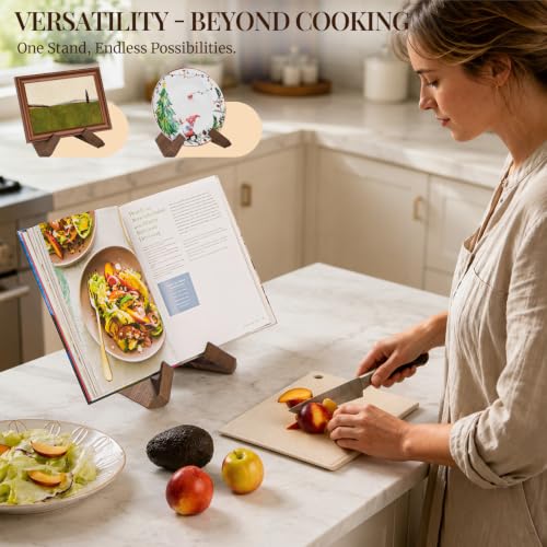 Cookbook Stand for Kitchen, Recipe Book Holder for Kitchen Counter | Wooden Cookbook Holder, Rustic Cook Book Holder Stand - Rustic Brown - 1 Set
