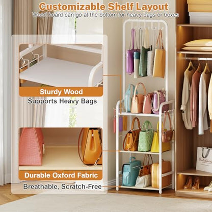 Tall Purse Organizer for Closet with 5 Purse Hanger & 6 Side Hooks, 4 Tier | Floor-Standing Purse Rack Stand for Purse Storage, Narrow & High-Capacity Handbag Organizer, Backpack Storage for Small Place