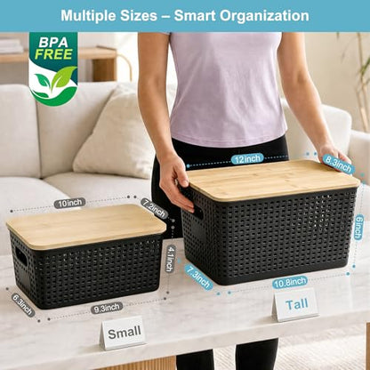 Small Plastic Storage Bins with Bamboo Lids 5.2qt Stackable Box Basket Pantry Decorative Containers Cute with Lable for Organizing Desktop Closet Office Black of 6 packs 10 * 7.2 * 4.1"