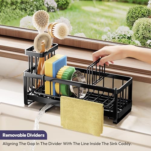 Sponge Holder for Kitchen Sink - Sink Caddy with Brush Holder Self-draining Sponge Caddy Organizer with Divider Stainless Steel Kitchen Accessories Storage for Countertop, Black