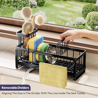 Sponge Holder for Kitchen Sink - Sink Caddy with Brush Holder Self-draining Sponge Caddy Organizer with Divider Stainless Steel Kitchen Accessories Storage for Countertop, Black