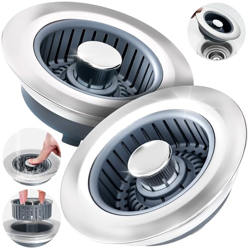 3 in 1 Kitchen Sink Drain Strainer Stopper Removable Basket Pop-Up | Kitchen Sink Accessories 2 Pack Silver Stainless - Food Catcher, Odor-Blocking Seal, Fits 3.5" Drain, Easy Clean