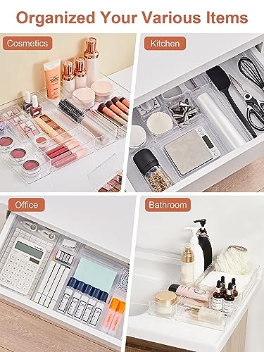 SMARTAKE 30-Piece Drawer Organizer with Non-Slip Silicone Pads, 7-Size | Desk Drawer Organizer Trays Storage Tray for Makeup, Jewelries, Utensils in Bedroom Dresser, Office and Kitchen (Clear)