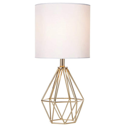 Gold Modern Hollow Out Base Bedroom Small Table Lamp,Bedside Nightstand Lamp with Geometric Metal Base White Fabric Shade,Cute Desk Lamp for Kids Living Room
