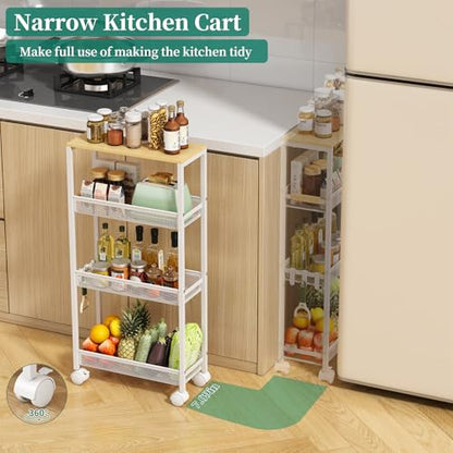 Utility Slim Storage Cart, 4 Tier Rolling Cart with Wheels, Narrow Storage Cabinet for Bathroom, Laundry Shelves for Room Organization, Small Organizer for Kitchen, Office and Dorm (White)