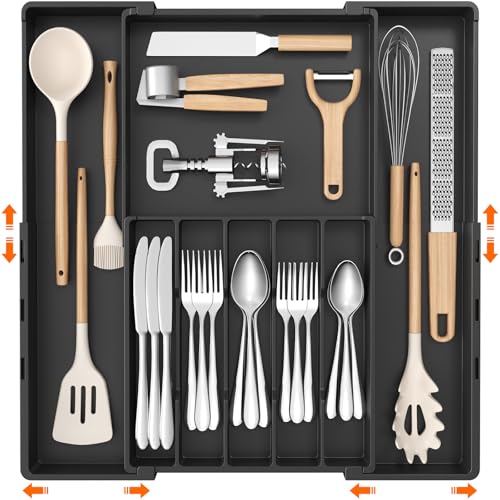 Silverware Drawer Organizer, Expandable Utensil Tr... (Black | Plastic)
