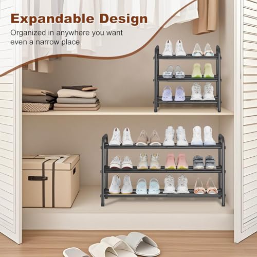 Expandable 3-Tier Shoe Rack for Closet & Entryway, Metal Shoe Organizer | Expandable • Adjustable Width • Holds 12 Pairs • Heavy-Duty Metal • Tool-Free Assembly • Fits Small Spaces