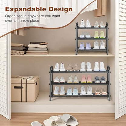 Expandable 3-Tier Shoe Rack for Closet & Entryway, Metal Shoe Organizer | Expandable • Adjustable Width • Holds 12 Pairs • Heavy-Duty Metal • Tool-Free Assembly • Fits Small Spaces