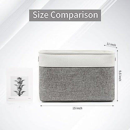 Storage Bins Large Fabric Storage Baskets for Shelves 3 Pack, Decorative Linen Closet Baskets with Handles for Organizing, Shelf, Clothes, Home, Office, 15x11x9.5Inches (Grey&White)
