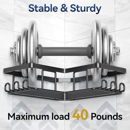 Corner Adhesive Shower Caddy, with Soap Holder and 12 Hooks, Rustproof Stainless Steel Bathroom Organizer, No Drilling Wall Mounted Rack, Black, 3-Pack