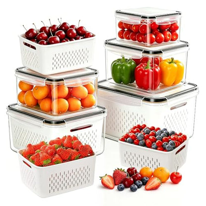 5 Pack Large Fruit Storage Containers for Fridge, Leakproof Produce Containers with Removable Colanders, Dishwasher Safe Fridge Organizers and Storage, Keep Berry, Vegetables Fresh Longer