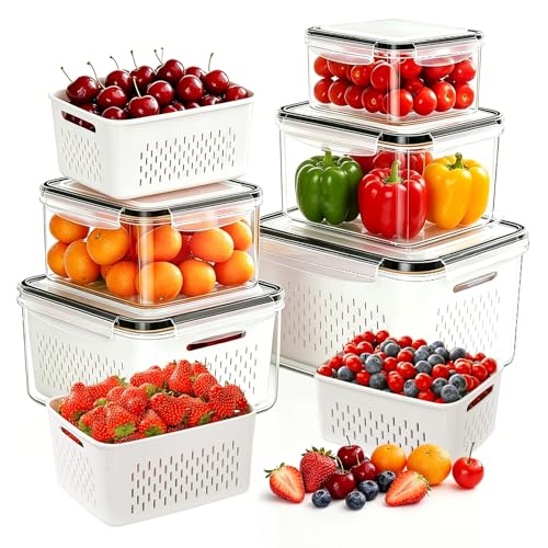5 Pack Large Fruit Storage Containers for Fridge, Leakproof Produce Containers with Removable Colanders, Dishwasher Safe Fridge Organizers and Storage, Keep Berry, Vegetables Fresh Longer