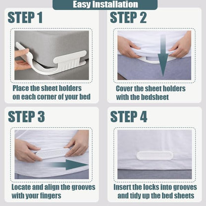 Bed Sheet Holders, Corner Fasteners, 8 Count, White | Easy-install corner fasteners help secure fitted sheets on most mattresses; includes 8 white holders.