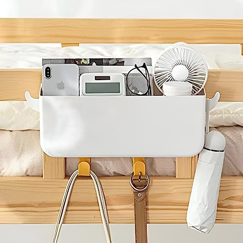 Bunk Bed Shelf for Top Bunk Plastic Bedside Shelf Accessories for Kids Bunk Bed Caddy with Hooks For Bed Rail, White, 11 lbs Capacity