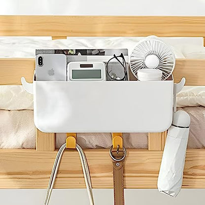 Bunk Bed Shelf for Top Bunk Plastic Bedside Shelf Accessories for Kids Bunk Bed Caddy with Hooks For Bed Rail, White, 11 lbs Capacity