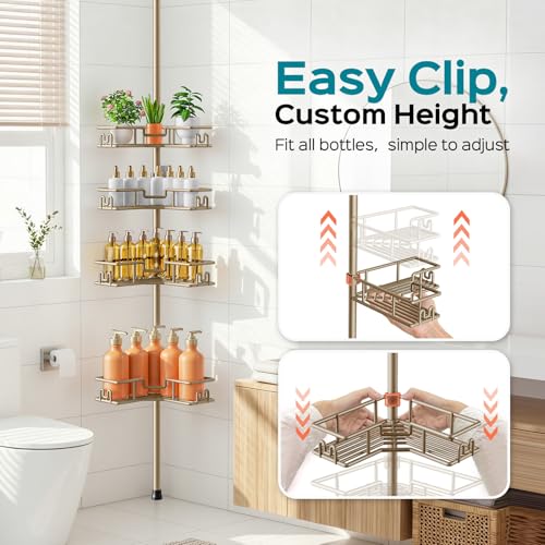 HAMITOR No-Drill Shower Rack, 4-Tier Corner Rustproof Tension Pole, Khaki | Bathroom Accessories With Hooks Renter-Friendly, 47.7-123.6in Adjustable, Space-Saving Bathtub Caddy For Family, Apartment RV