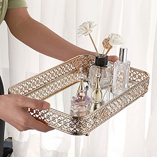 ELLDOO Gold Mirror Glass Perfume & Makeup Vanity Tray, Medium Size | Hollow-Carved Jewelry Storage, Metal Trinket Organizer for Dresser Bathroom Countertop Home Decor