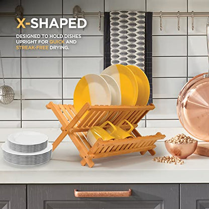 Collapsible Dish Drying Rack 2-Tier Bamboo Dish Drainer for Kitchen Counter | No Assembly Wooden Dish Rack, Compact Dish Strainer, Holds Plates Cups Bowls Mugs Utensils, Folds Flat for Small Kitchens, RV