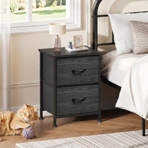 WLIVE Night Stand, Small Dresser with 2 Drawers & Wooden Top, Nightstand with Fabric Bins, Bedside Table End Table for Bedroom, Closet, Entryway, College Dorm, Charcoal Black | Nightstand with Fabric Bins, Bedside Table End Table for Bedroom, Kids Room