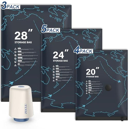 12 Pack Vacuum Bags for Travel with Pump for Clothing and Luggage | Rechargeable USB-C Pump, 3 Sizes, Space Saver Compression Bags for Suitcase, Carry-on, Flight and Closet Storage