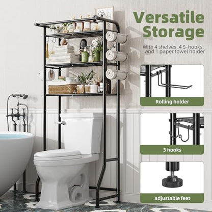 Simple Trending Over The Toilet Storage Cabinet, Metal Bathroom Shelf Organizer with Paper Holder and Hooks, 3 Tier, Black