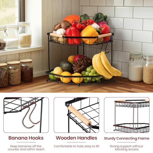 2 Tier Corner Fruit Basket for Kitchen Counter with Banana Hangers, Detachable Fruit Bowl with Wooden Handle, Metal Corner Rack for Fruit and Vegetable Storage, Kitchen Countertop Organizer