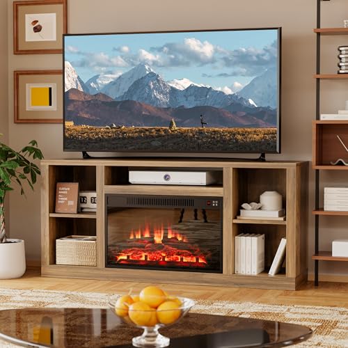 YESHOMY Electric Fireplace TV Stand for Televisions up to 65+ Inch, Mid Century Modern Media Entertainment Center Console Table with Four Open Storage Shelves & Cabinets, 58 Inch, Yelloe Barnwood