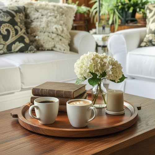 Charcuterie Board 13'' Wood Serving Platter Round Ottoman Coffee Table Tray | Acacia Wood Serving Tray with Handles, Wooden Cheese Board Circular Decorative Serving Platter for Party Supplies, 1 Board