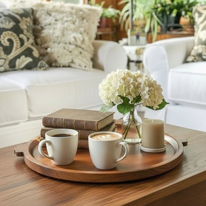Charcuterie Board 13'' Wood Serving Platter Round Ottoman Coffee Table Tray | Acacia Wood Serving Tray with Handles, Wooden Cheese Board Circular Decorative Serving Platter for Party Supplies, 1 Board