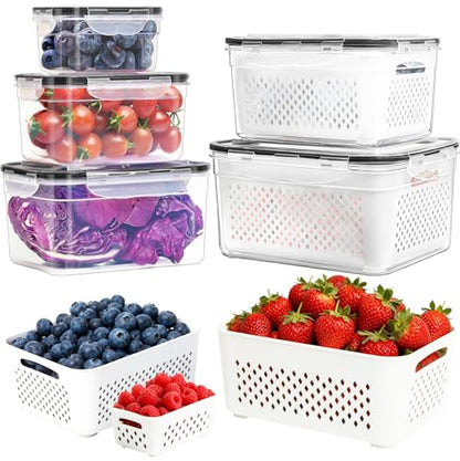 PRAKI Fruit Storage Containers for Fridge with Removable Colander, 5-Pack