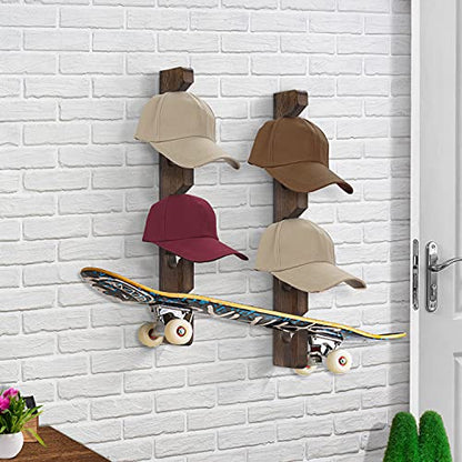 Hat Rack for Wall Baseball Cap Organizer Hanger (2 Pack) Modern Wooden Hat Holder Wall-Mounted Caps Display for Closet Door Bedroom Entryroom Laundry (Brown) …