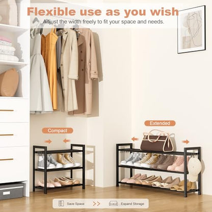 LANTEFUL 3-Tier Expandable Shoe Rack for Closet, Adjustable 18"-33" Metal Shoe Organizer for 12 Pairs, Shoe Shelf for Small Spaces, Entryway, Bedroom with 5 Hooks