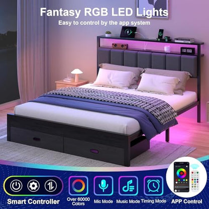 Full Bed Frames with Storage Drawer, Platform Bed with Charging Station and LED Lights, Upholstered Headboard with 2-Tier Storage Shelves, No Box Spring Needed