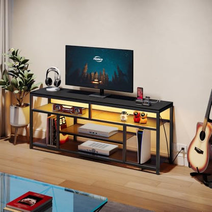 HOOBRO LED TV Stand with Charging Station, 4-Tier Entertainment Gaming Center, Modern Media Console Table, Open Shelves, 55.1"L x 13.8"W x 26.2"H, for TVs up to 65", for Living Room, Black BB47UDDS01