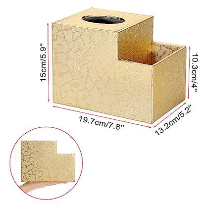 Sumnacon Square Leather Tissue Box Cover - PU Cube Tissue Box Holder with Side Organizer, Decorative Tissue Box for Living Room Vanity Night Stand Desk Countertop Office, Gold