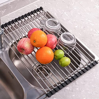 Roll Up Dish Drying Rack Over The Sink for Kitchen... (Black | Stainless Steel)
